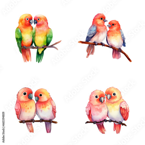 set of happy cute lovebird watercolor illustrations for printing on baby clothes, pattern, sticker, postcards, print, fabric, and books
