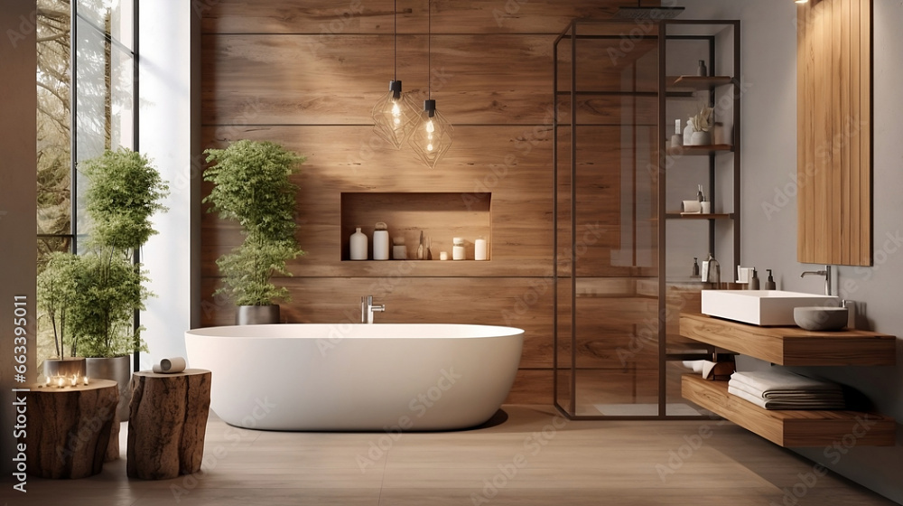 Luxurious Modern eco interior design of Bathroom design, white bathtub. Generative AI Luxurious Modern eco interior design of Bathroom design, white bathtub. Generative AI