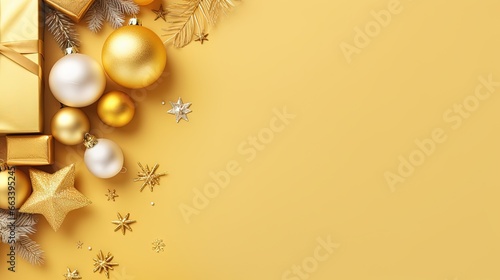  a yellow christmas background with presents and ornaments on it's sides.  generative ai