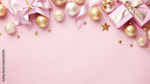  a pink and gold christmas background with presents and ornaments on a pink background. generative ai