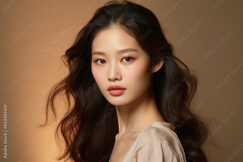 a macro close-up studio fashion portrait of a face of a young korean woman with perfect skin, black hair and immaculate make-up. Skin beauty and hormonal female health concept