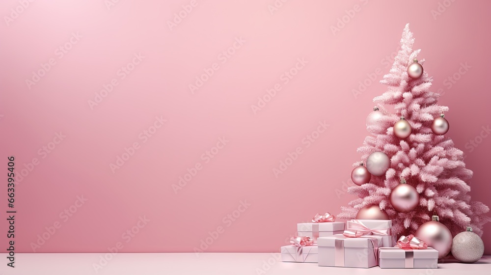 a pink christmas tree with presents under it on a table. generative ai a pink christmas tree with presents under it on a table. generative ai