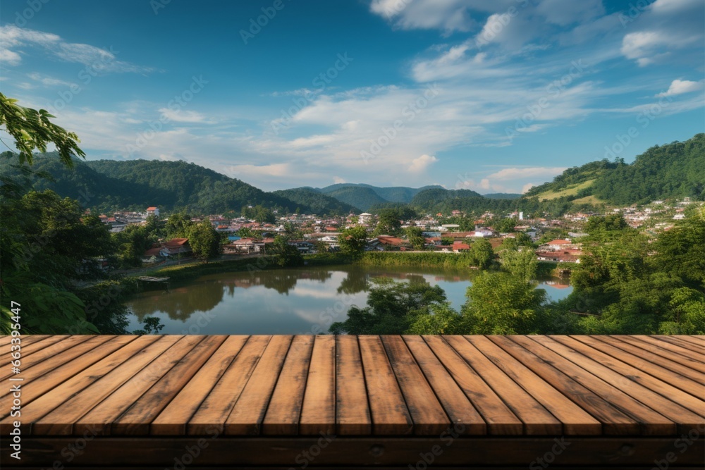 Waterside retreat Empty wooden table with a tranquil lake vista