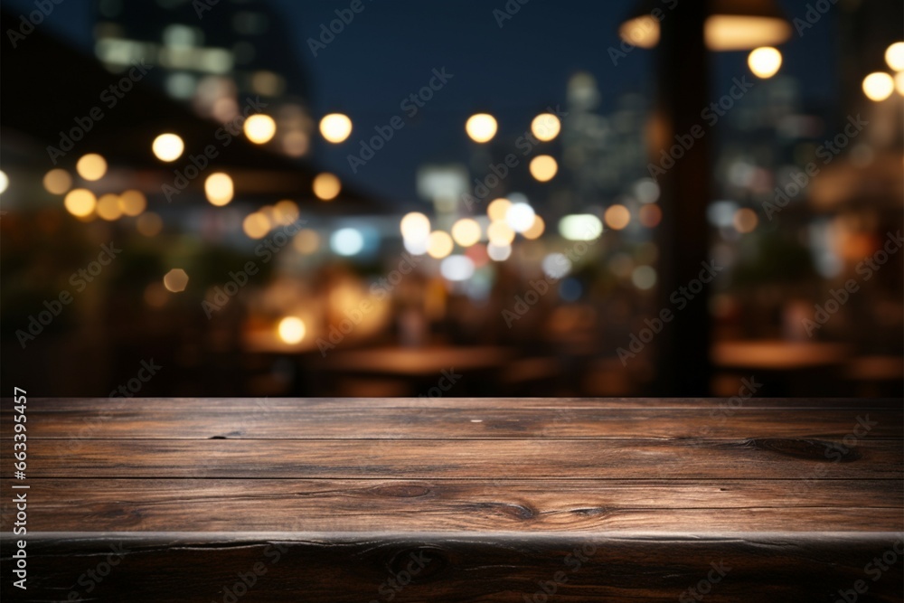 Versatile mock up space Dark wooden table against restaurants bokeh backdrop