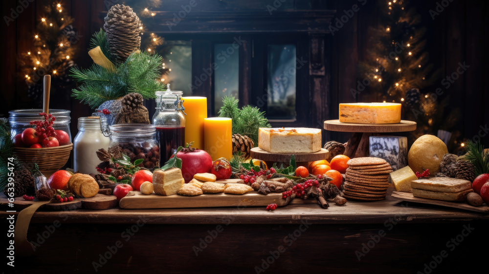 Christmas table with fruits, lots of cheeses and colorful candles. Merry Christmas