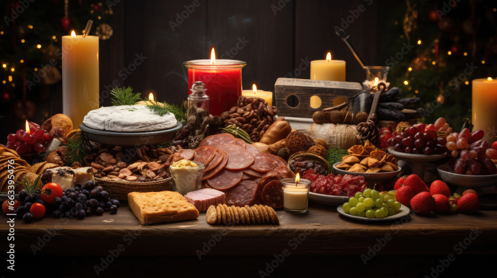 Christmas table with fruits, lots of cheeses, meat and colorful candles. Merry Christmas