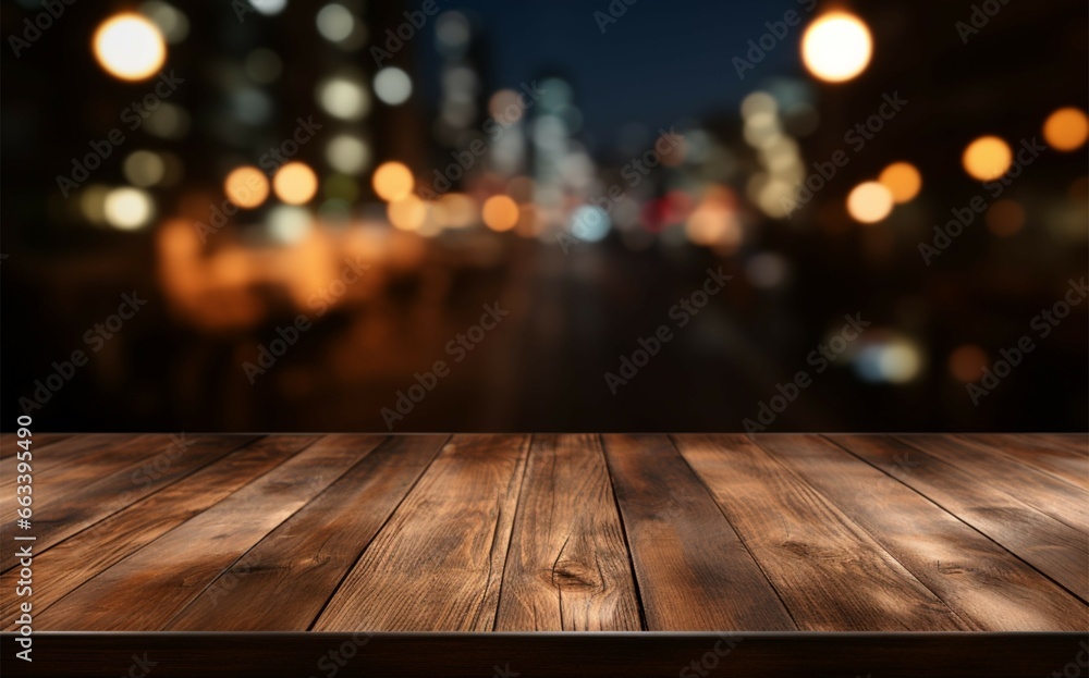 Versatile setting for product display dark wooden table, restaurant bokeh