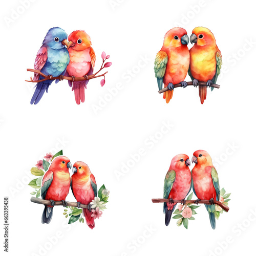 set of happy cute lovebird watercolor illustrations for printing on baby clothes, pattern, sticker, postcards, print, fabric, and books