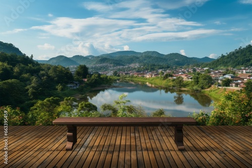 Waterside retreat Empty wooden table with a tranquil lake vista