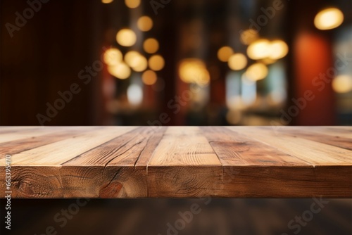 Versatile product display space empty wooden table with restaurant backdrop