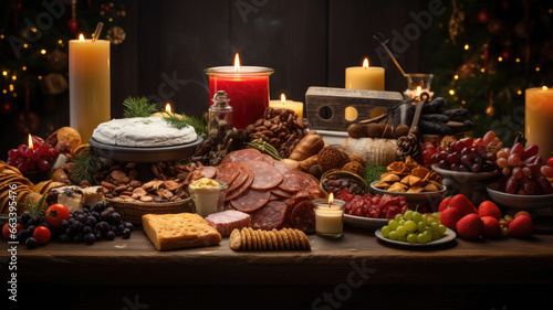 Christmas table with fruits, lots of cheeses, meat and colorful candles. Merry Christmas