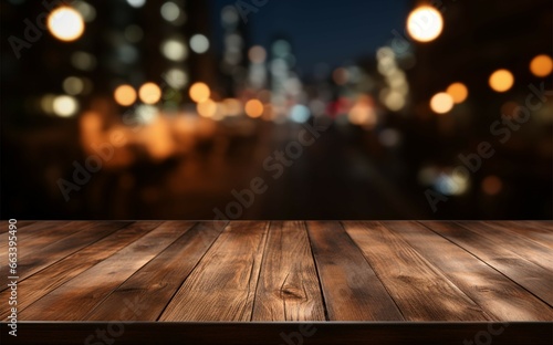 Versatile setting for product display dark wooden table, restaurant bokeh © Jawed Gfx