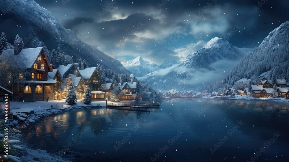 Beautiful snowy village on the shores of a lake with mountains and clouds in the background. Merry christmas - obrazy, fototapety, plakaty 