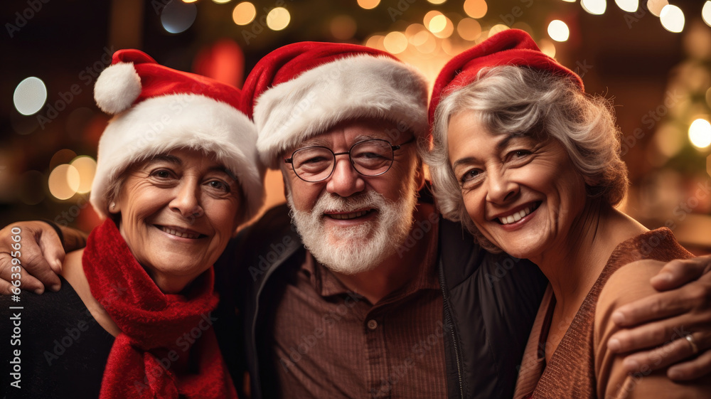Three adults, smiling at the camera, wearing Santa hats. merry Christmas Three adults, smiling at the camera, wearing Santa hats. merry Christmas