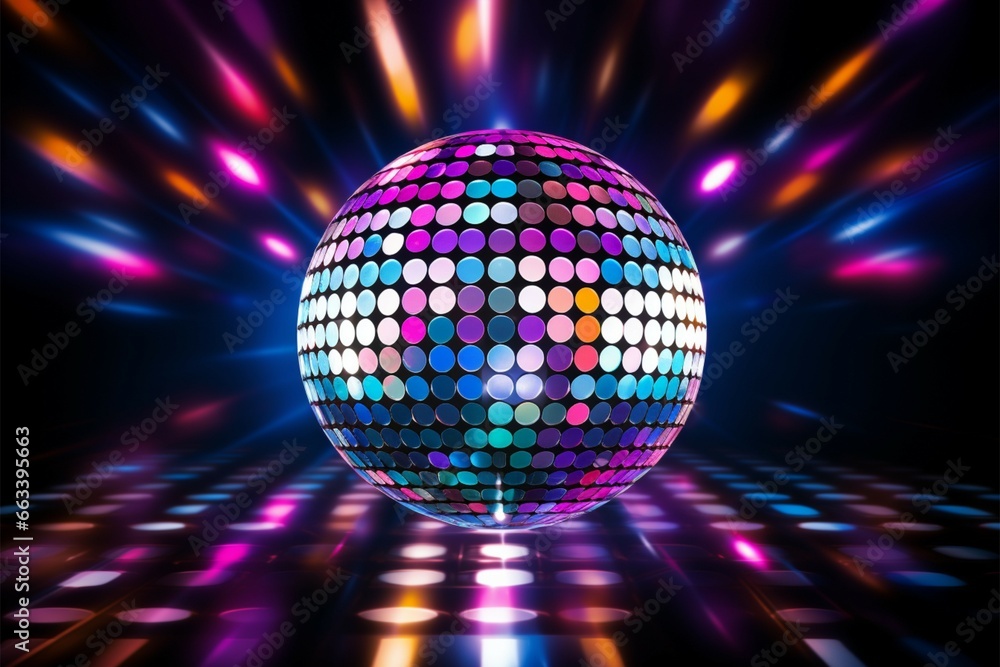Obraz premium Vibrant neon lit background with a 3D rendered shiny disco ball
