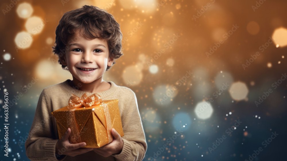 Boy with a present in his hands on the left of the image and blurred background. merry christmas. Copy space