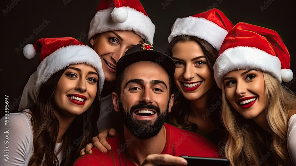 Five friends in Santa hats taking a selfie. Copy space Five friends in Santa hats taking a selfie. Copy space