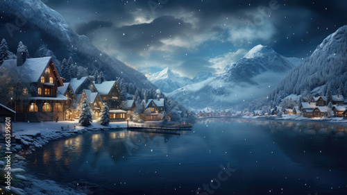 Beautiful snowy village on the shores of a lake with mountains and clouds in the background. Merry christmas photo