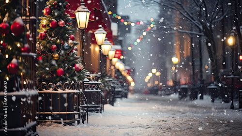 NY street at night snowing at Christmas time out of focus background. Merry Christmas photo