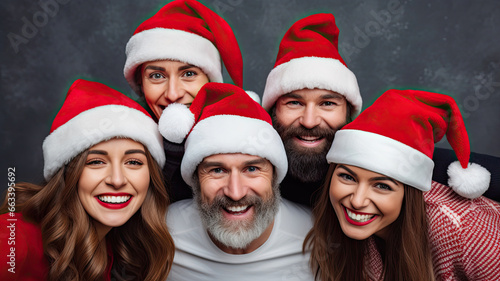 five friends dressed in Santa hats taking a selfie. Copy space