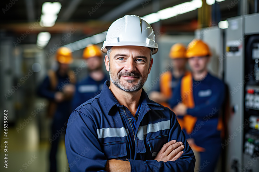 Guardian of Industry Confident Maintenance Engineer in Uniform and Hard Hat at Factory Station. created with Generative AI Guardian of Industry Confident Maintenance Engineer in Uniform and Hard Hat at Factory Station. created with Generative AI