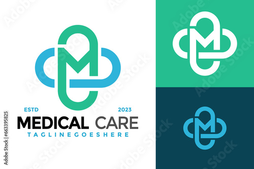 Letter M Medical Health Care Logo design vector symbol icon illustration