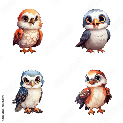 set of happy cute falcon watercolor illustrations for printing on baby clothes, pattern, sticker, postcards, print, fabric, and books