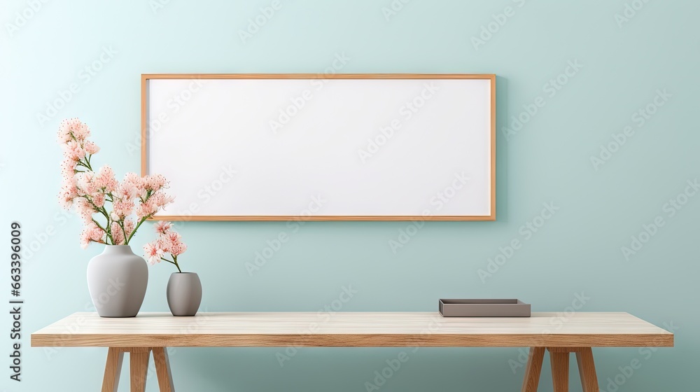  a wooden table with a vase of flowers and a white board on the wall.  generative ai