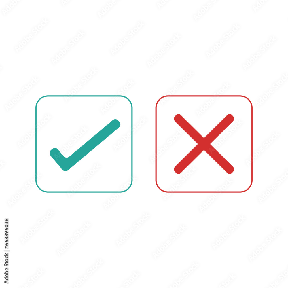 green check marks and red crosses. Circle and square, hard and rounded corners. Set of flat buttons icon. correct and wrong icon. green check marks and red crosses. Circle and square, hard and rounded corners. Set of flat buttons icon. correct and wrong icon.