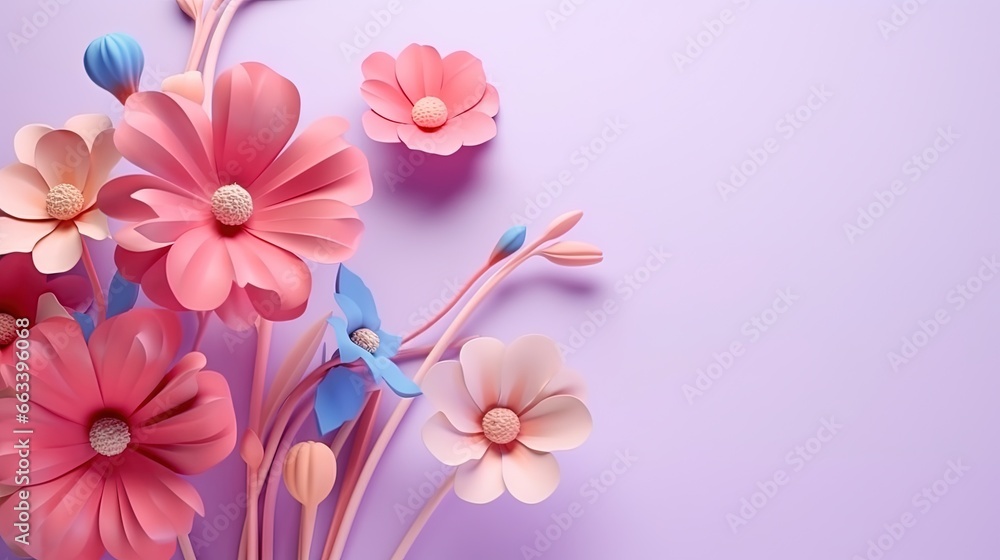  a bunch of pink and blue flowers on a purple background.  generative ai