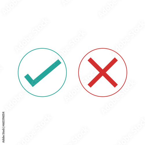 green check marks and red crosses. Circle and square, hard and rounded corners. Set of flat buttons icon. correct and wrong icon.
