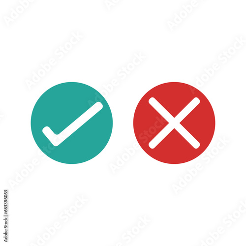 green check marks and red crosses. Circle and square, hard and rounded corners. Set of flat buttons icon. correct and wrong icon.