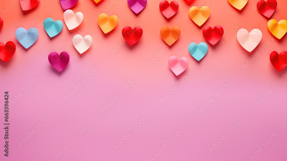  a bunch of hearts on a pink and pink background with a place for text.  generative ai