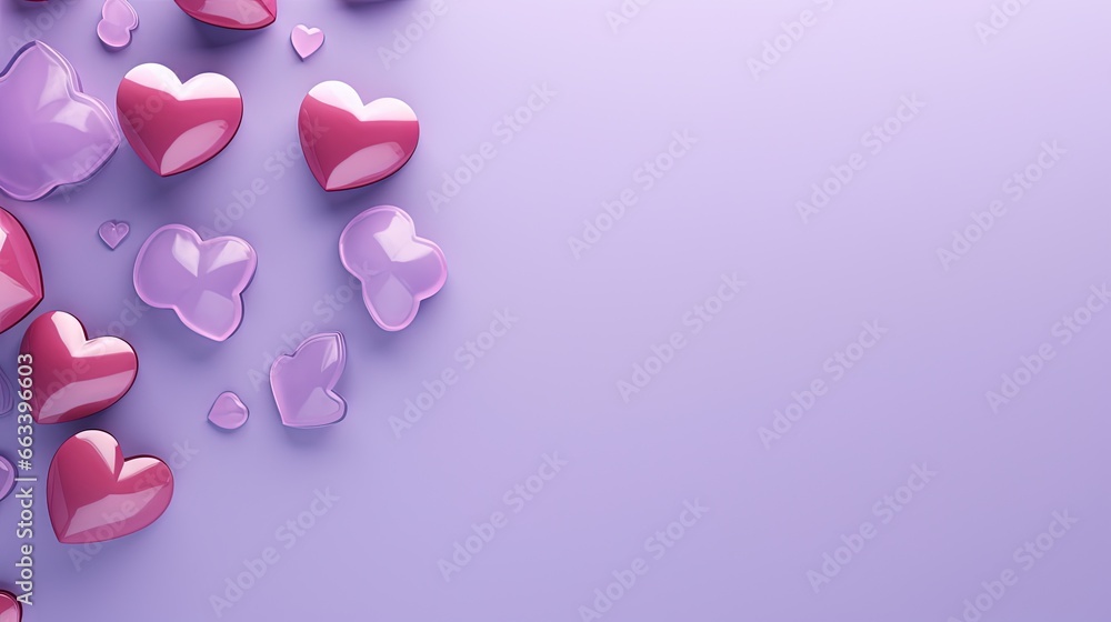  a bunch of pink hearts floating on a purple surface with a purple background.  generative ai