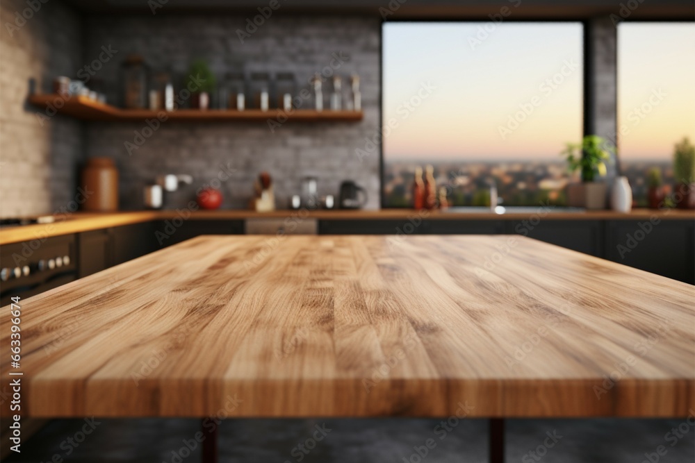 Wood tabletop resting on a blurred kitchen countertop surface Wood tabletop resting on a blurred kitchen countertop surface