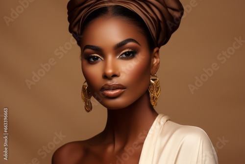 a macro close-up studio fashion portrait of a face of a young african woman with perfect skin, hair and immaculate make-up, wearing a head turban. Skin beauty and hormonal female health concept.