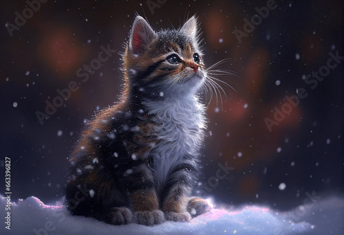 A kitten sitting in the snow. AI Generated