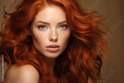 a macro close-up studio fashion portrait of a face of a young redhead woman with perfect skin, red hair and immaculate make-up. Skin beauty and hormonal female health concept