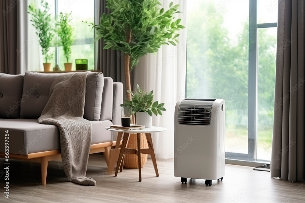Portable mobile air conditioner in the living room interior. - obrazy, fototapety, plakaty 