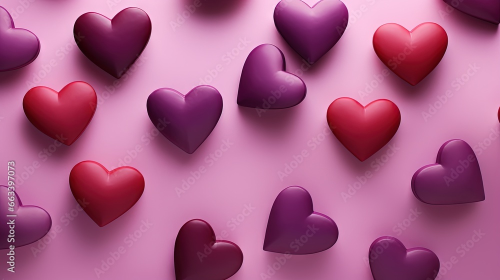  a bunch of red and purple hearts on a pink background.  generative ai