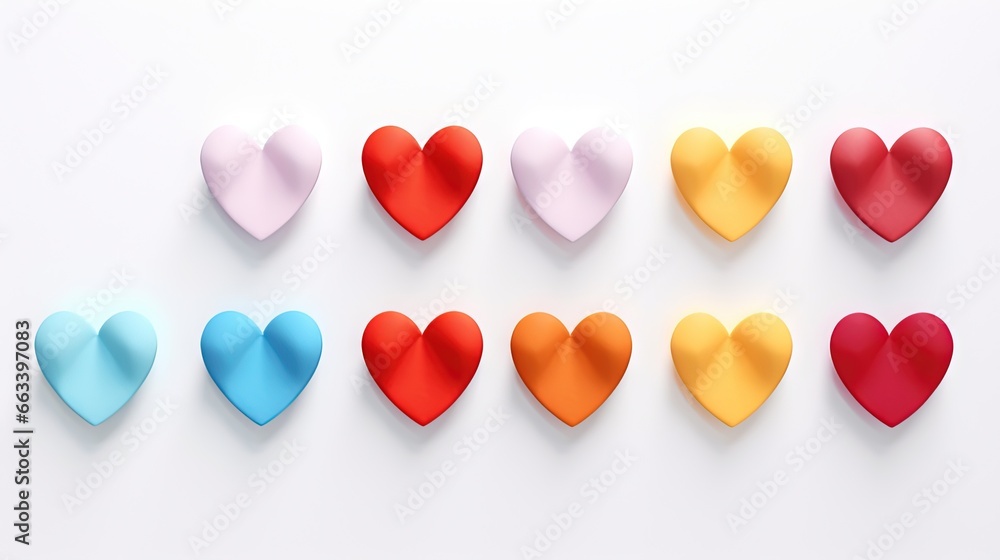  a group of different colored hearts on a white background with a shadow.  generative ai