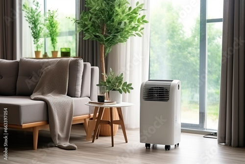 Portable mobile air conditioner in the living room interior. photo
