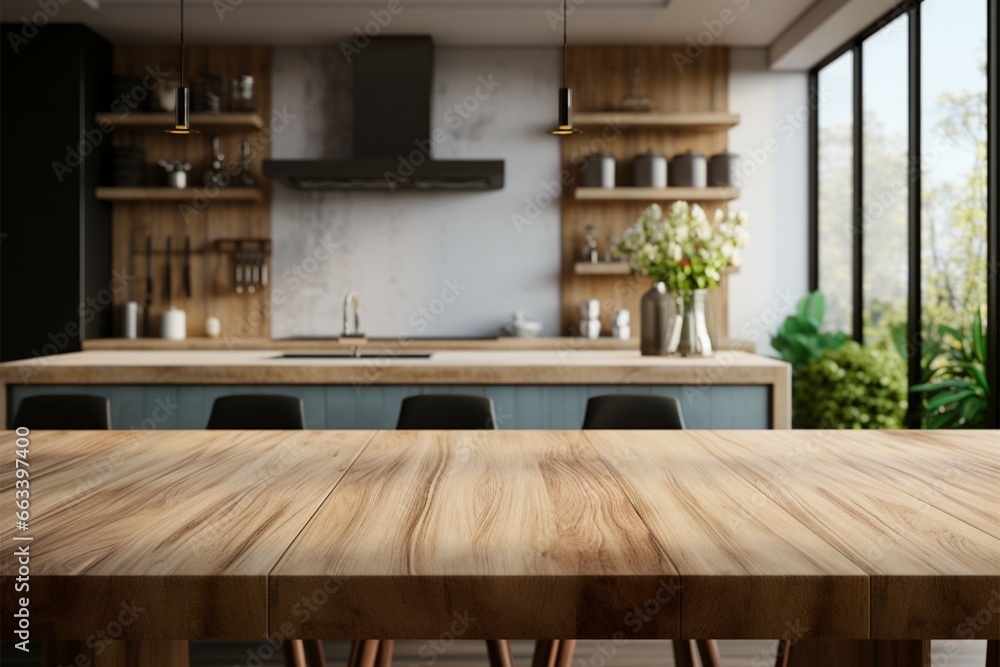 Wooden table blends into the contemporary kitchen room interior background