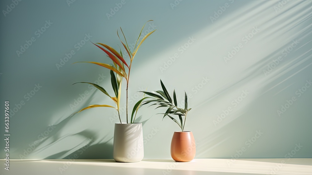 a couple of vases sitting on top of a table. generative ai a couple of vases sitting on top of a table. generative ai