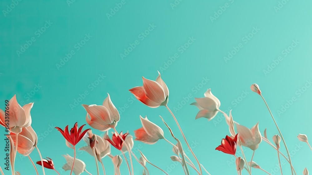  a bunch of flowers that are in the grass with a blue sky in the background.  generative ai