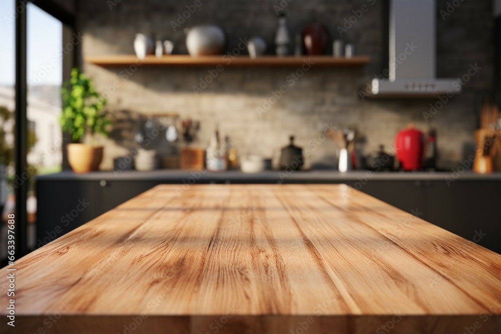 Wooden table surface placed on a kitchen counter with blur Wooden table surface placed on a kitchen counter with blur