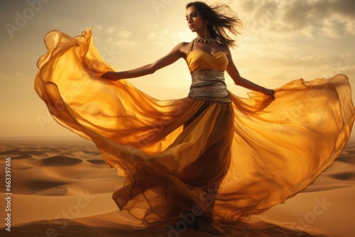 a close-up portrait of a beautiful gorgeous arabian oriental bellydancer in golden yellow flowy costume dancing traditional style of bellydance in the desert photo