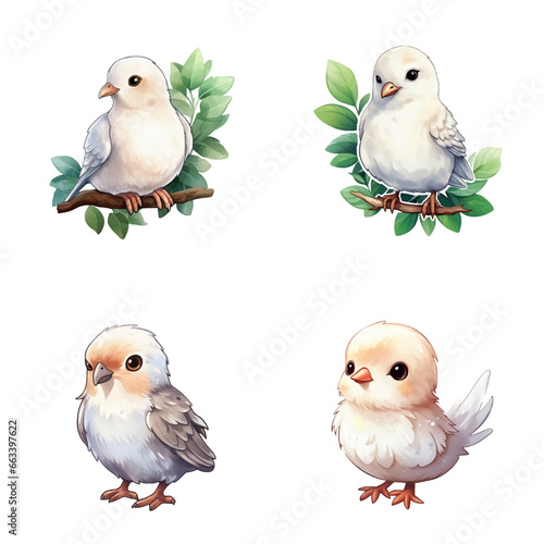 set of happy cute dove watercolor illustrations for printing on baby clothes, pattern, sticker, postcards, print, fabric, and books