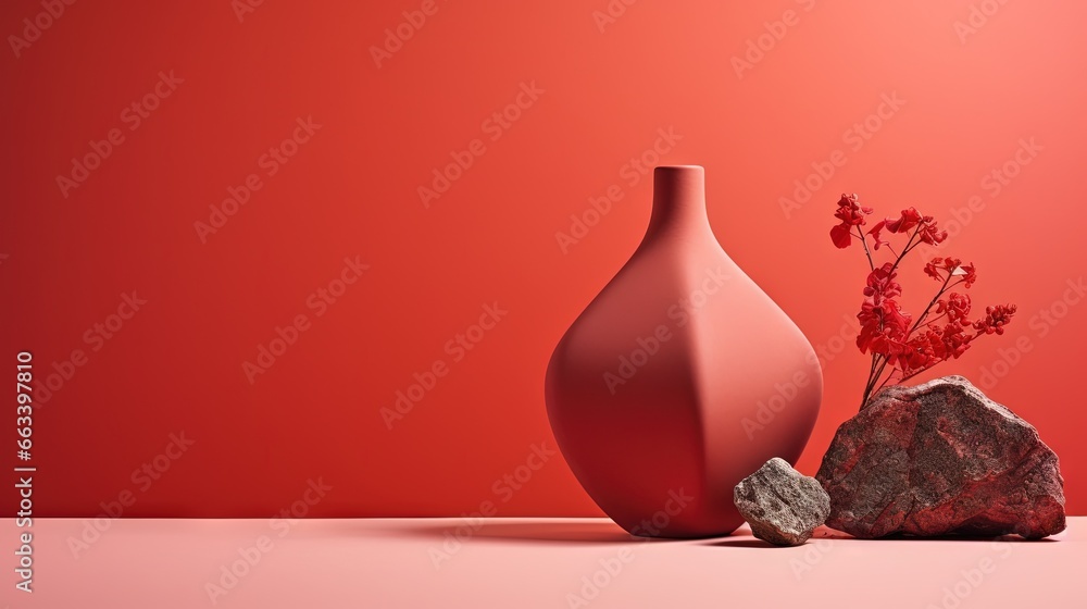 a red vase sitting next to a rock on a table. generative ai a red vase sitting next to a rock on a table. generative ai