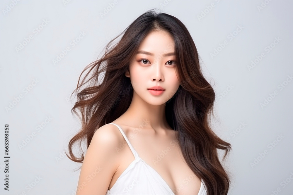 Young glamor model of Asian appearance on a white background. Young glamor model of Asian appearance on a white background.